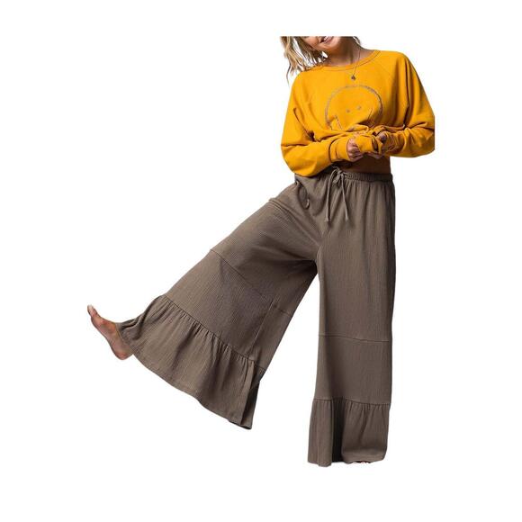Peace Love World Pants - Peace Love World Knit Gauze Tiered Wide Leg Pant Driftwood - Regular